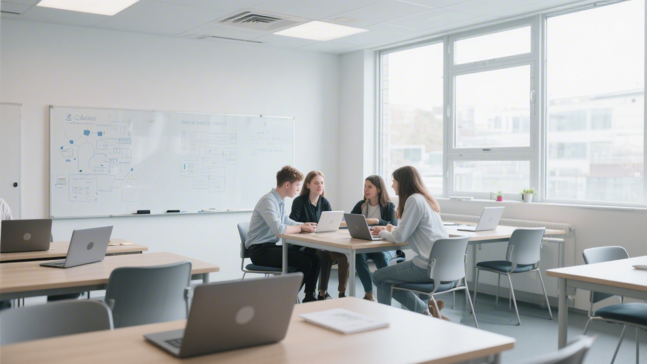 Bright modern classroom with large windows, whiteboards, laptops on tables, and students collaborating in a calm, professional learning environment focused on digital systems.