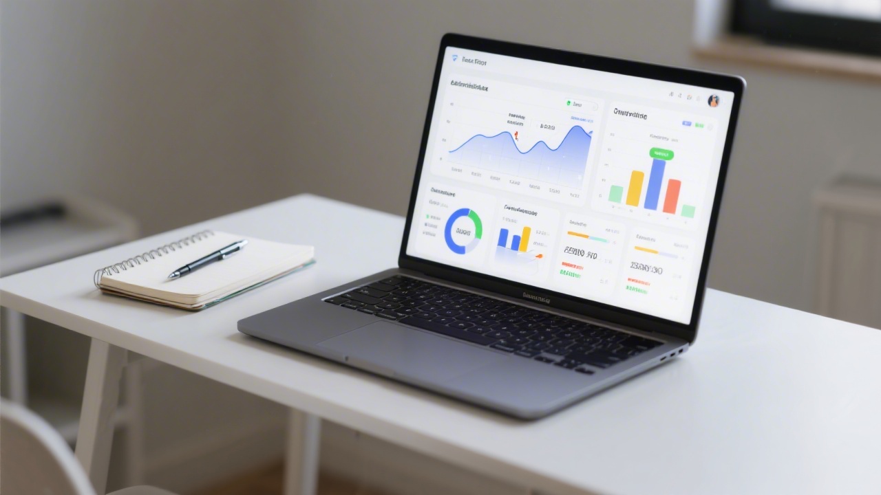 High-resolution analytics dashboard on a laptop showing traffic trends, conversion funnels, and performance metrics, accompanied by a notebook and pen on a clean desk.